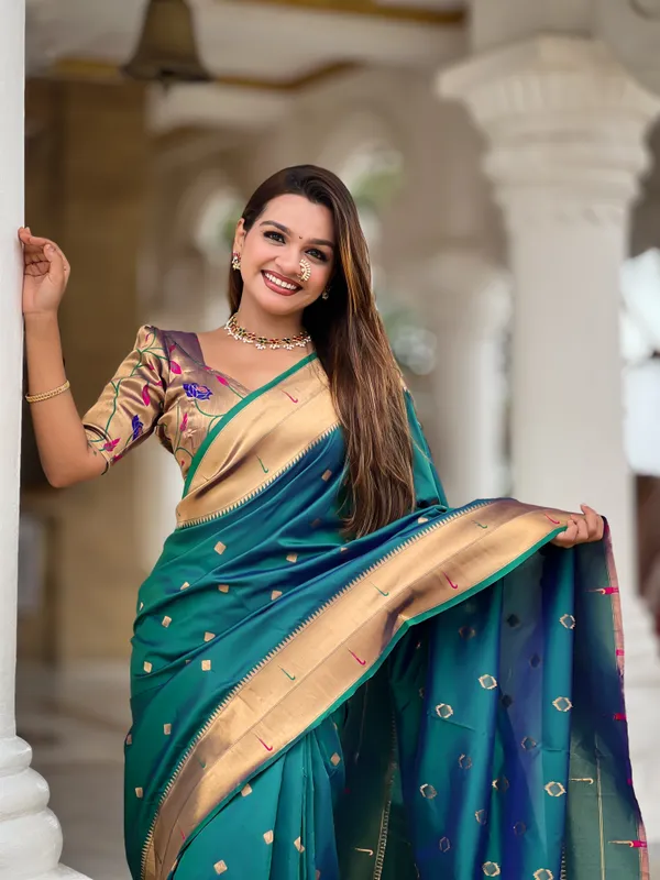 Rama_Soft_Pethani_Silk_Saree_With_Zari_Weaving_Motifs_Design_And_Meenakari_Weaving_Rich_Pallu_With_Meenakari_Weaving_Double_Munia_Border_And_Tassels_Attached_At_Pallu_End_Blouse_For_Women