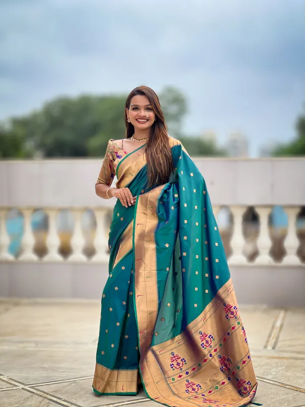 Rama_Soft_Pethani_Silk_Saree_With_Zari_Weaving_Motifs_Design_And_Meenakari_Weaving_Rich_Pallu_With_Meenakari_Weaving_Double_Munia_Border_And_Tassels_Attached_At_Pallu_End_Blouse_For_Women
