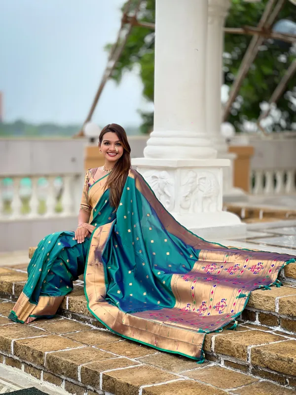 Rama_Soft_Pethani_Silk_Saree_With_Zari_Weaving_Motifs_Design_And_Meenakari_Weaving_Rich_Pallu_With_Meenakari_Weaving_Double_Munia_Border_And_Tassels_Attached_At_Pallu_End_Blouse_For_Women