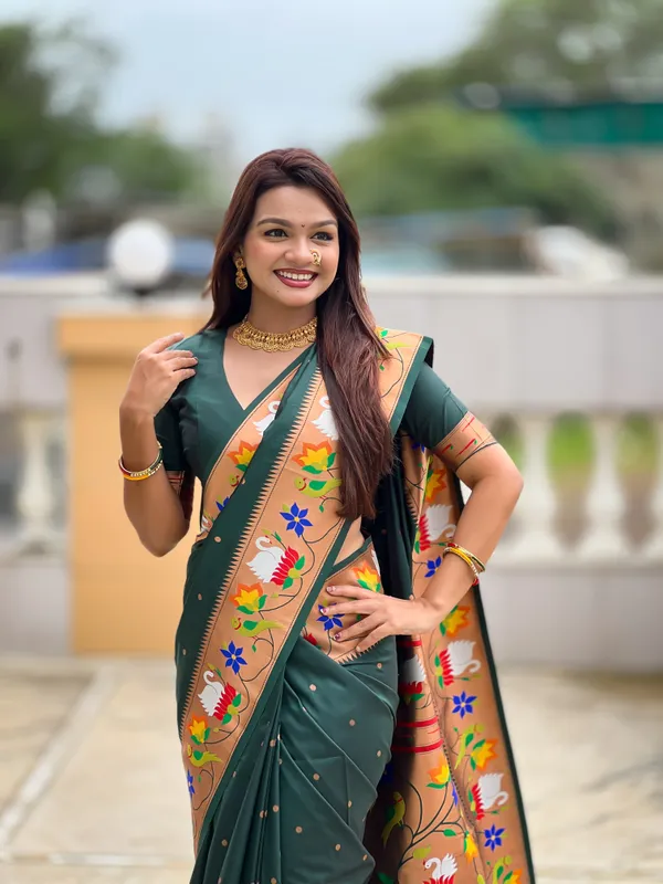 Green_Soft_Pethani_Silk_Saree_With_Zari_Weaving_Motifs_Design_And_Meenakari_Weaving_Rich_Pallu_With_Meenakari_Weaving_Border_And_Tassels_Attached_At_Pallu_End_Blouse_For_Women