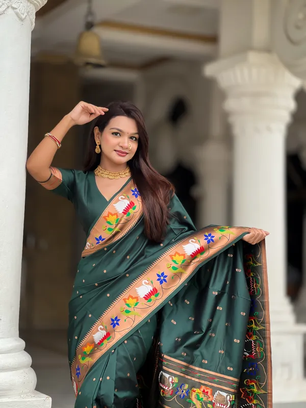Green_Soft_Pethani_Silk_Saree_With_Zari_Weaving_Motifs_Design_And_Meenakari_Weaving_Rich_Pallu_With_Meenakari_Weaving_Border_And_Tassels_Attached_At_Pallu_End_Blouse_For_Women