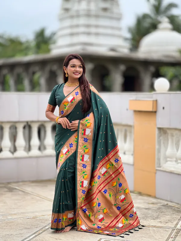 Green_Soft_Pethani_Silk_Saree_With_Zari_Weaving_Motifs_Design_And_Meenakari_Weaving_Rich_Pallu_With_Meenakari_Weaving_Border_And_Tassels_Attached_At_Pallu_End_Blouse_For_Women