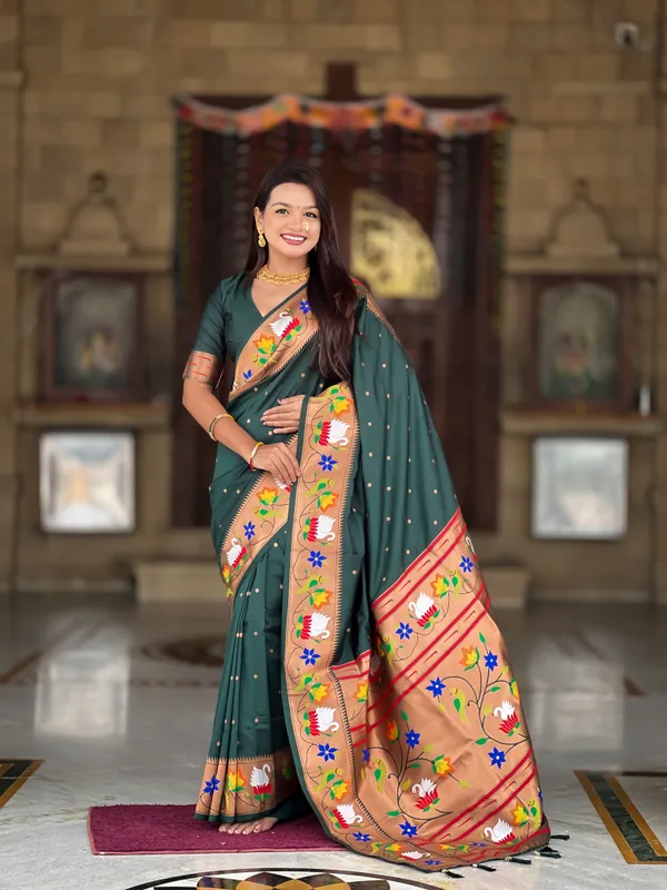 Green_Soft_Pethani_Silk_Saree_With_Zari_Weaving_Motifs_Design_And_Meenakari_Weaving_Rich_Pallu_With_Meenakari_Weaving_Border_And_Tassels_Attached_At_Pallu_End_Blouse_For_Women