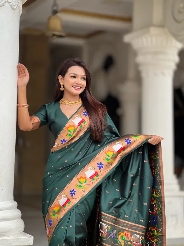 Green_Soft_Pethani_Silk_Saree_With_Zari_Weaving_Motifs_Design_And_Meenakari_Weaving_Rich_Pallu_With_Meenakari_Weaving_Border_And_Tassels_Attached_At_Pallu_End_Blouse_For_Women