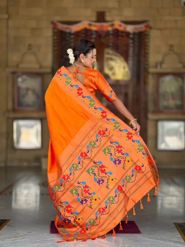 Orange_Soft_Paithani_Silk_Saree_With_Zari_Weaving_Meenakari_Motifs_Design_And_Meenakari_Weaving_Rich_Pallu_With_Meenakari_Weaving_Border_And_Tassels_Attached_At_Pallu_And_Blouse_For_Women