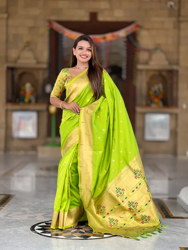 Parrot_Green_Soft_Pethani_Silk_Saree_With_Zari_Weaving_Motifs_Design_And_Meenakari_Weaving_Rich_Pallu_With_Meenakari_Weaving_Double_Munia_Border_And_Tassels_Attached_At_Pallu_End_Blouse_For_Women