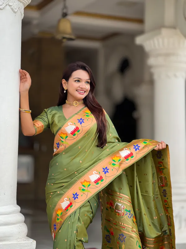 Mehndi_Soft_Pethani_Silk_Saree_With_Zari_Weaving_Motifs_Design_And_Meenakari_Weaving_Rich_Pallu_With_Meenakari_Weaving_Border_And_Tassels_Attached_At_Pallu_End_Blouse_For_Women