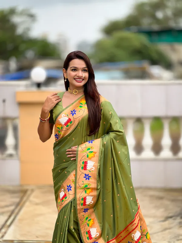Mehndi_Soft_Pethani_Silk_Saree_With_Zari_Weaving_Motifs_Design_And_Meenakari_Weaving_Rich_Pallu_With_Meenakari_Weaving_Border_And_Tassels_Attached_At_Pallu_End_Blouse_For_Women
