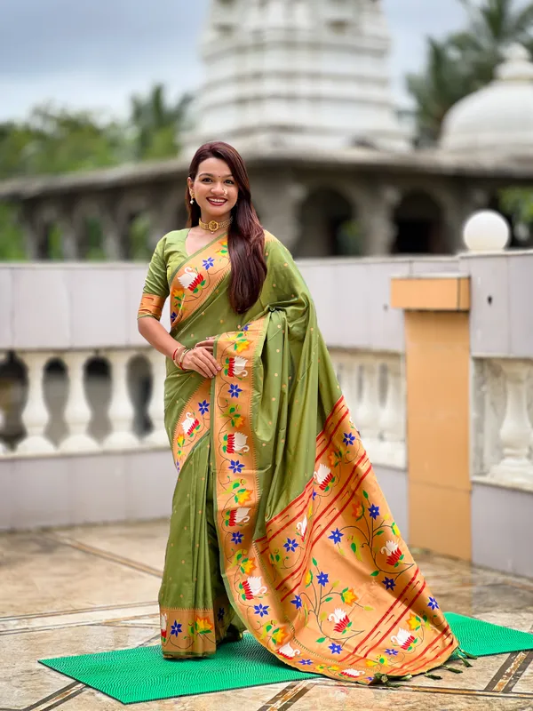 Mehndi_Soft_Pethani_Silk_Saree_With_Zari_Weaving_Motifs_Design_And_Meenakari_Weaving_Rich_Pallu_With_Meenakari_Weaving_Border_And_Tassels_Attached_At_Pallu_End_Blouse_For_Women