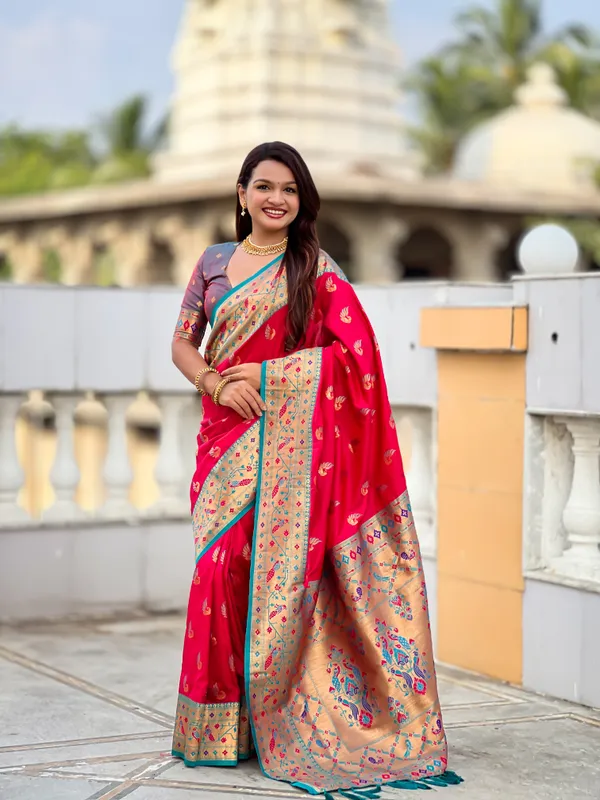Rani_Pink_Soft_Pethani_Silk_Saree_With_Zari_Weaving_Motifs_Design_And_Meenakari_Weaving_Rich_Pallu_With_Meenakari_Weaving_Border_And_Tassels_Attached_At_Pallu_End_Blouse_For_Women