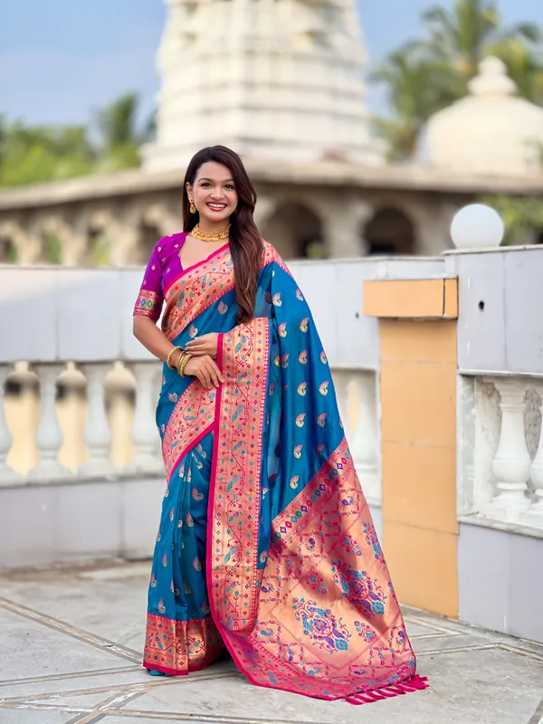 Firozi_Soft_Pethani_Silk_Saree_With_Zari_Weaving_Motifs_Design_And_Meenakari_Weaving_Rich_Pallu_With_Meenakari_Weaving_Border_And_Tassels_Attached_At_Pallu_End_Blouse_For_Women