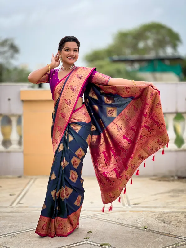 Morpis_Soft_Banarasi_Silk_Saree_With_Zari_Weaving_Meenakari_Design_All_Over_The_Saree_And_Contrast_Weaving_Rich_Pallu_With_Contrast_Weaving_Border_And_Tassels_Attached_At_Pallu_And_Blouse_For_Women