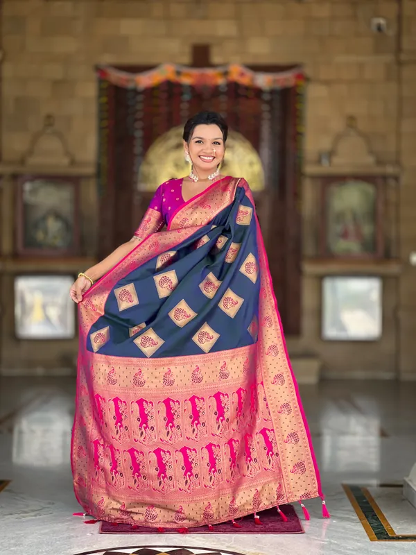 Morpis_Soft_Banarasi_Silk_Saree_With_Zari_Weaving_Meenakari_Design_All_Over_The_Saree_And_Contrast_Weaving_Rich_Pallu_With_Contrast_Weaving_Border_And_Tassels_Attached_At_Pallu_And_Blouse_For_Women