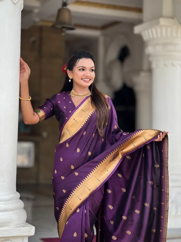 Wine_Soft_Pethani_Silk_Saree_With_Zari_Weaving_Motifs_Design_And_Meenakari_Weaving_Rich_Pallu_With_Meenakari_Weaving_Munia_Border_And_Tassels_Attached_At_Pallu_End_Blouse_For_Women