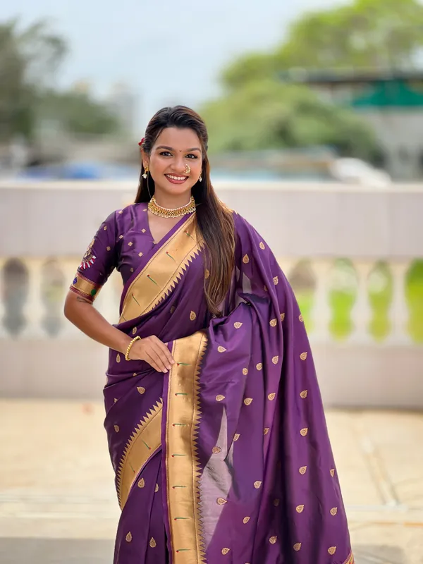 Wine_Soft_Pethani_Silk_Saree_With_Zari_Weaving_Motifs_Design_And_Meenakari_Weaving_Rich_Pallu_With_Meenakari_Weaving_Munia_Border_And_Tassels_Attached_At_Pallu_End_Blouse_For_Women