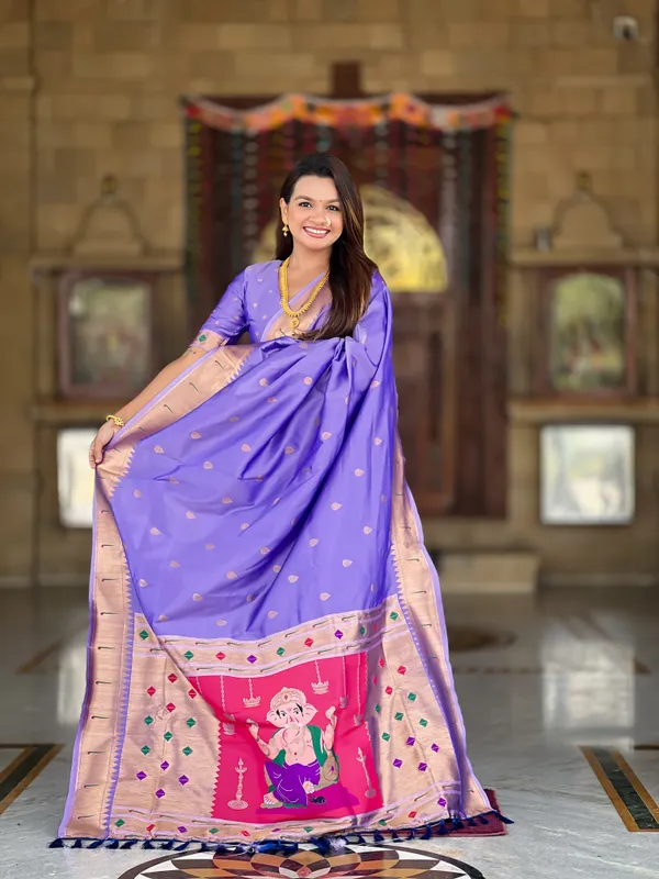 Lovender_Soft_Pethani_Silk_Saree_With_Zari_Weaving_Motifs_Design_And_Meenakari_Weaving_Rich_Pallu_With_Meenakari_Weaving_Munia_Border_And_Tassels_Attached_At_Pallu_End_Blouse_For_Women