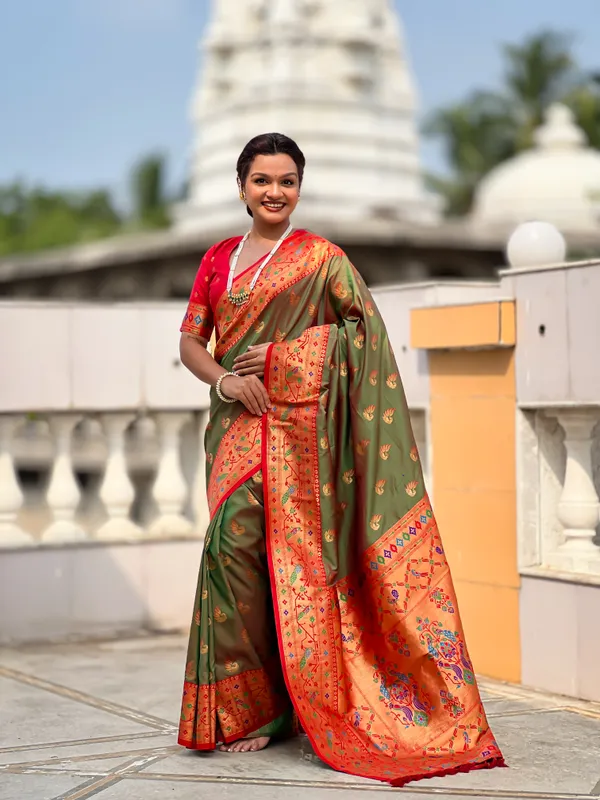 Mehendi_Soft_Pethani_Silk_Saree_With_Zari_Weaving_Motifs_Design_And_Meenakari_Weaving_Rich_Pallu_With_Meenakari_Weaving_Border_And_Tassels_Attached_At_Pallu_End_Blouse_For_Women