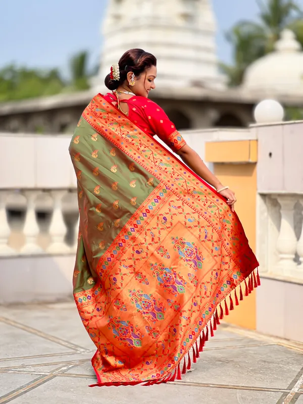 Mehendi_Soft_Pethani_Silk_Saree_With_Zari_Weaving_Motifs_Design_And_Meenakari_Weaving_Rich_Pallu_With_Meenakari_Weaving_Border_And_Tassels_Attached_At_Pallu_End_Blouse_For_Women