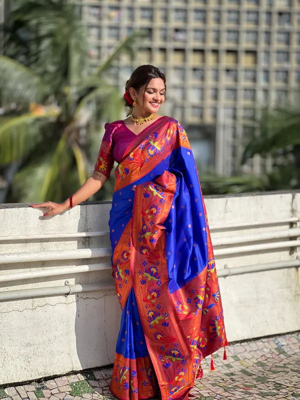 Blue_Soft_Pethani_Silk_Saree_With_Zari_Weaving_Meenakari_Motifs_Design_And_Meenakari_Weaving_Rich_Pallu_With_Meenakari_Weaving_Border_And_Tassels_Attached_At_Pallu_End_Blouse_For_Women