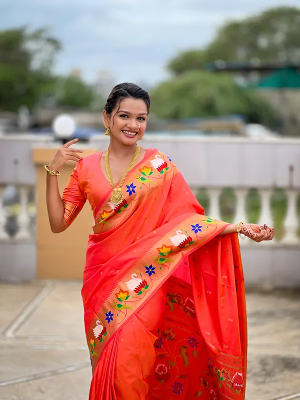 Orange_Soft_Pethani_Silk_Saree_With_Zari_Weaving_Motifs_Design_And_Meenakari_Weaving_Rich_Pallu_With_Meenakari_Weaving_Border_And_Tassels_Attached_At_Pallu_End_Blouse_For_Women