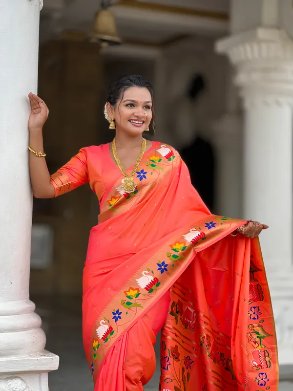 Orange_Soft_Pethani_Silk_Saree_With_Zari_Weaving_Motifs_Design_And_Meenakari_Weaving_Rich_Pallu_With_Meenakari_Weaving_Border_And_Tassels_Attached_At_Pallu_End_Blouse_For_Women