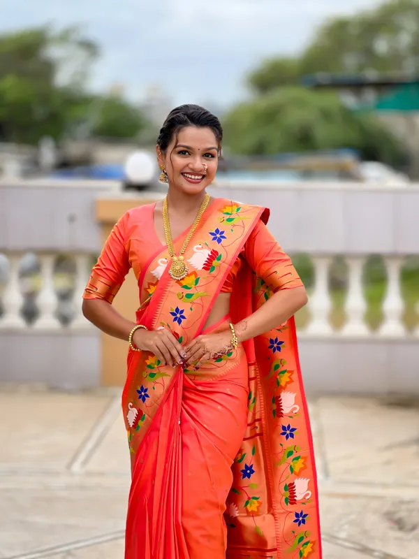 Orange_Soft_Pethani_Silk_Saree_With_Zari_Weaving_Motifs_Design_And_Meenakari_Weaving_Rich_Pallu_With_Meenakari_Weaving_Border_And_Tassels_Attached_At_Pallu_End_Blouse_For_Women