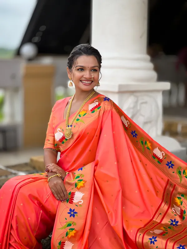 Orange_Soft_Pethani_Silk_Saree_With_Zari_Weaving_Motifs_Design_And_Meenakari_Weaving_Rich_Pallu_With_Meenakari_Weaving_Border_And_Tassels_Attached_At_Pallu_End_Blouse_For_Women