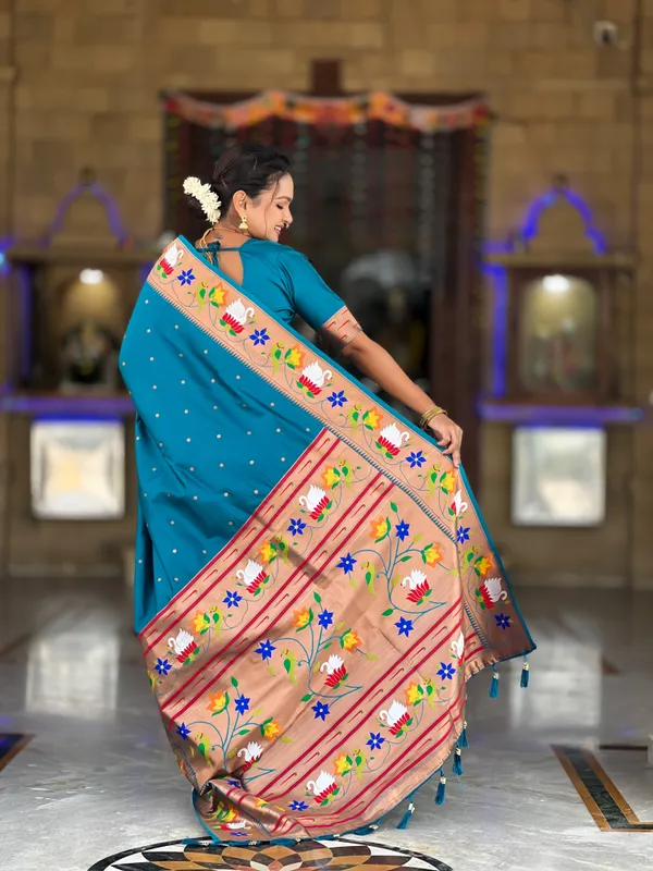 Firozi_Soft_Pethani_Silk_Saree_With_Zari_Weaving_Motifs_Design_And_Meenakari_Weaving_Rich_Pallu_With_Meenakari_Weaving_Border_And_Tassels_Attached_At_Pallu_End_Blouse_For_Women