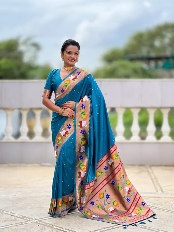 Firozi_Soft_Pethani_Silk_Saree_With_Zari_Weaving_Motifs_Design_And_Meenakari_Weaving_Rich_Pallu_With_Meenakari_Weaving_Border_And_Tassels_Attached_At_Pallu_End_Blouse_For_Women