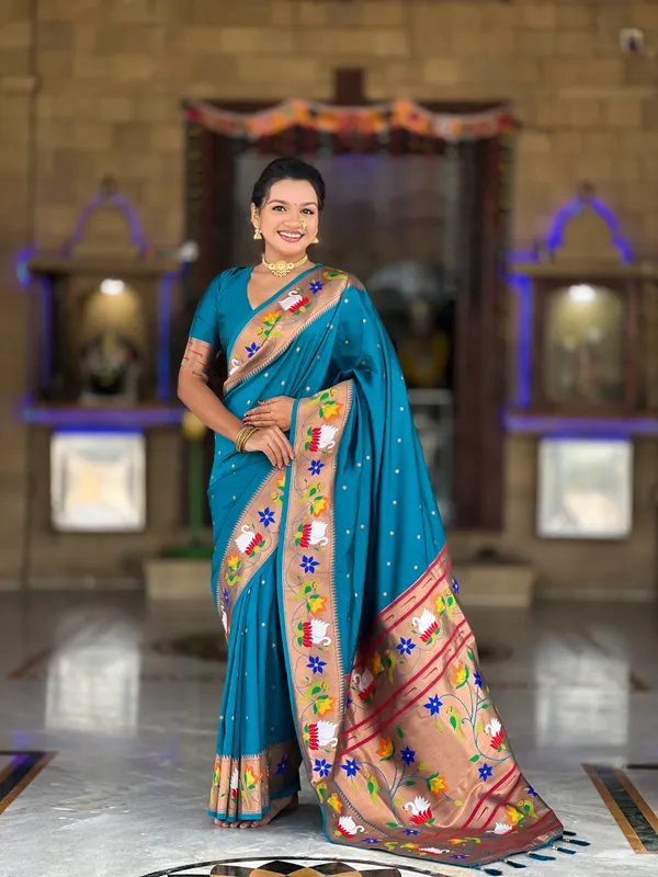 Firozi_Soft_Pethani_Silk_Saree_With_Zari_Weaving_Motifs_Design_And_Meenakari_Weaving_Rich_Pallu_With_Meenakari_Weaving_Border_And_Tassels_Attached_At_Pallu_End_Blouse_For_Women