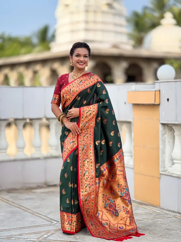 Green_Soft_Pethani_Silk_Saree_With_Zari_Weaving_Motifs_Design_And_Meenakari_Weaving_Rich_Pallu_With_Meenakari_Weaving_Border_And_Tassels_Attached_At_Pallu_End_Blouse_For_Women