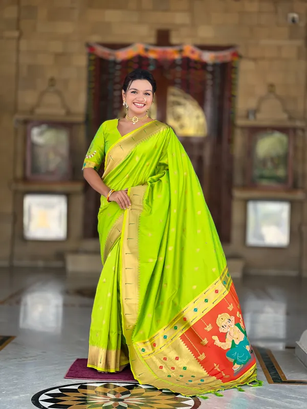Parrot_Green_Soft_Pethani_Silk_Saree_With_Zari_Weaving_Motifs_Design_And_Meenakari_Weaving_Rich_Pallu_With_Meenakari_Weaving_Munia_Border_And_Tassels_Attached_At_Pallu_End_Blouse_For_Women