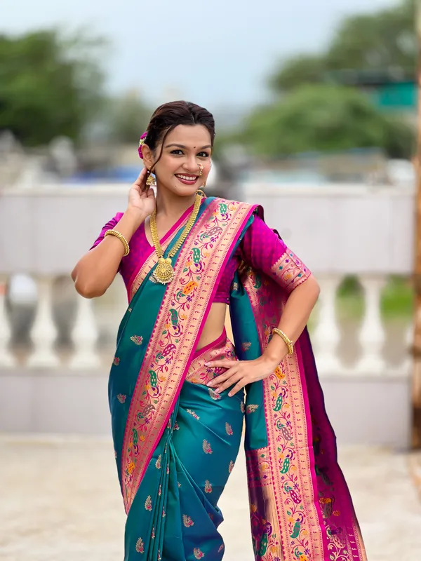 Aqua_Rama_Soft_Pethani_Silk_Saree_With_Zari_Weaving_Motifs_Design_And_Meenakari_Weaving_Rich_Pallu_With_Meenakari_Weaving_Border_And_Tassels_Attached_At_Pallu_End_Blouse_For_Women