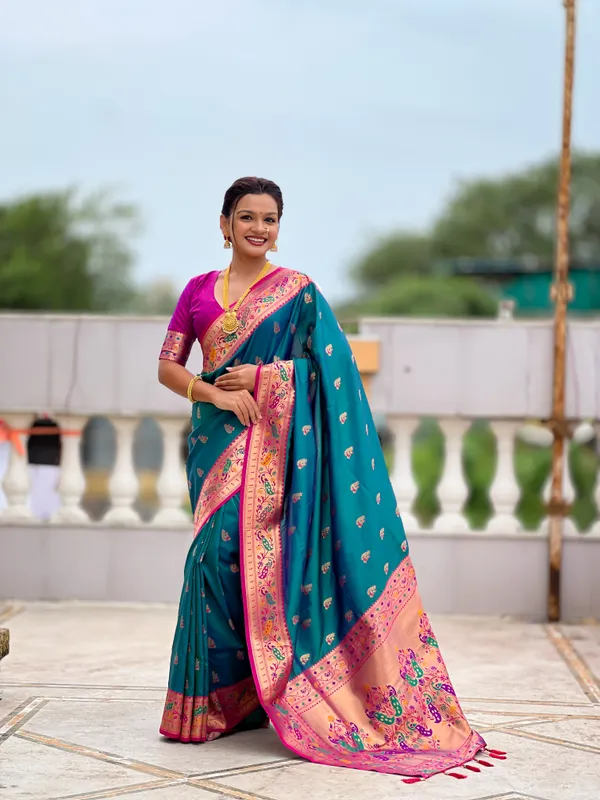 Aqua_Rama_Soft_Pethani_Silk_Saree_With_Zari_Weaving_Motifs_Design_And_Meenakari_Weaving_Rich_Pallu_With_Meenakari_Weaving_Border_And_Tassels_Attached_At_Pallu_End_Blouse_For_Women