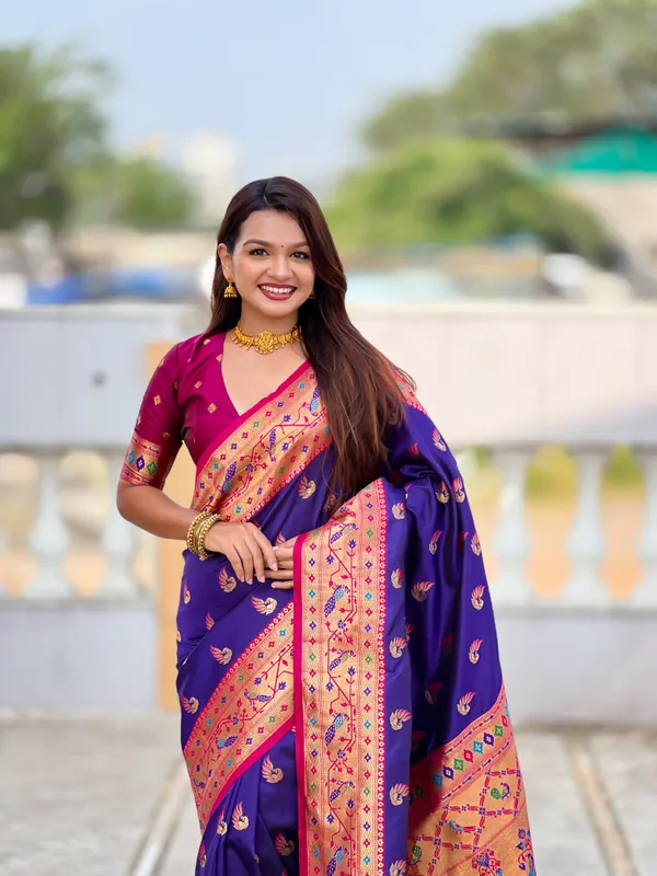 Violet_Soft_Pethani_Silk_Saree_With_Zari_Weaving_Motifs_Design_And_Meenakari_Weaving_Rich_Pallu_With_Meenakari_Weaving_Border_And_Tassels_Attached_At_Pallu_End_Blouse_For_Women