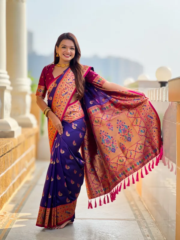 Violet_Soft_Pethani_Silk_Saree_With_Zari_Weaving_Motifs_Design_And_Meenakari_Weaving_Rich_Pallu_With_Meenakari_Weaving_Border_And_Tassels_Attached_At_Pallu_End_Blouse_For_Women