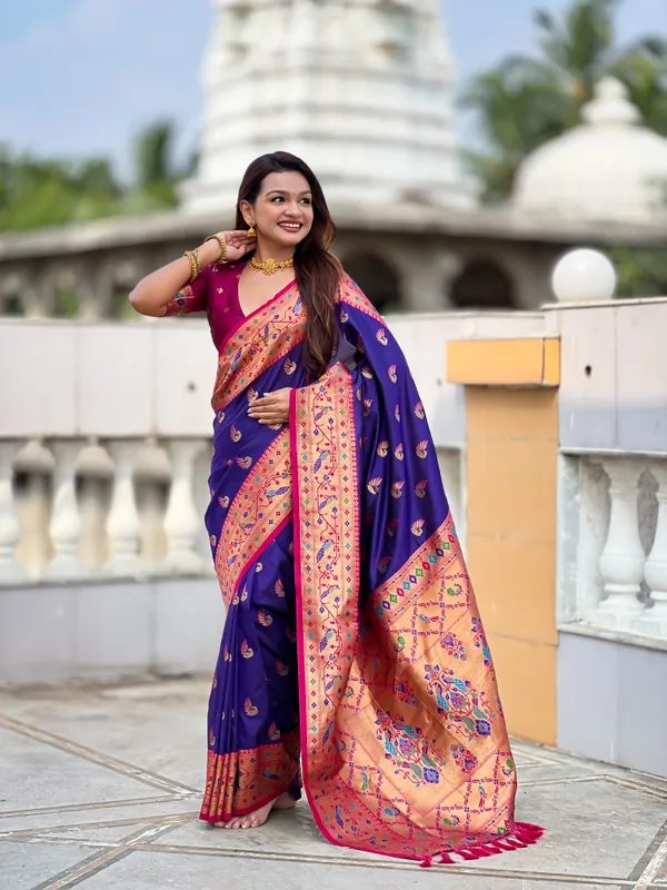 Violet_Soft_Pethani_Silk_Saree_With_Zari_Weaving_Motifs_Design_And_Meenakari_Weaving_Rich_Pallu_With_Meenakari_Weaving_Border_And_Tassels_Attached_At_Pallu_End_Blouse_For_Women