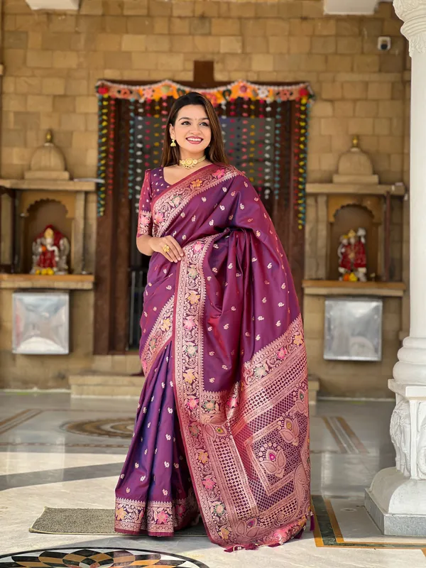 Wine_Soft_Banarasi_Silk_Saree_With_Zari_Weaving_Meenakari_Touchup_Design_All_Over_The_Saree_And_Meenakari_Weaving_Rich_Pallu_For_Women