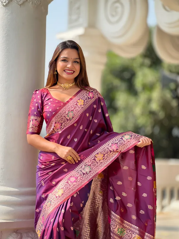 Wine_Soft_Banarasi_Silk_Saree_With_Zari_Weaving_Meenakari_Touchup_Design_All_Over_The_Saree_And_Meenakari_Weaving_Rich_Pallu_For_Women