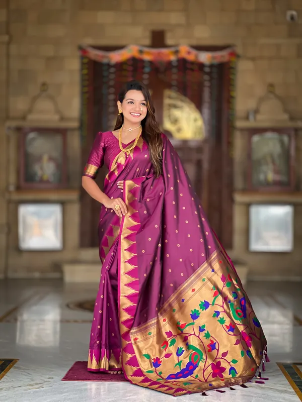 Wine_Soft_Pethani_Silk_Saree_With_Zari_Weaving_Motifs_Design_And_Meenakari_Weaving_Rich_Pallu_With_Temple_Weaving_Border_And_Tassels_Attached_At_Pallu_End_Blouse_For_Women