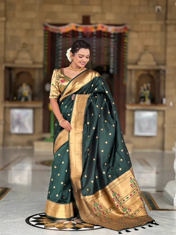 Green_Soft_Pethani_Silk_Saree_With_Zari_Weaving_Motifs_Design_And_Meenakari_Weaving_Rich_Pallu_With_Meenakari_Weaving_Double_Munia_Border_And_Tassels_Attached_At_Pallu_End_Blouse_For_Women