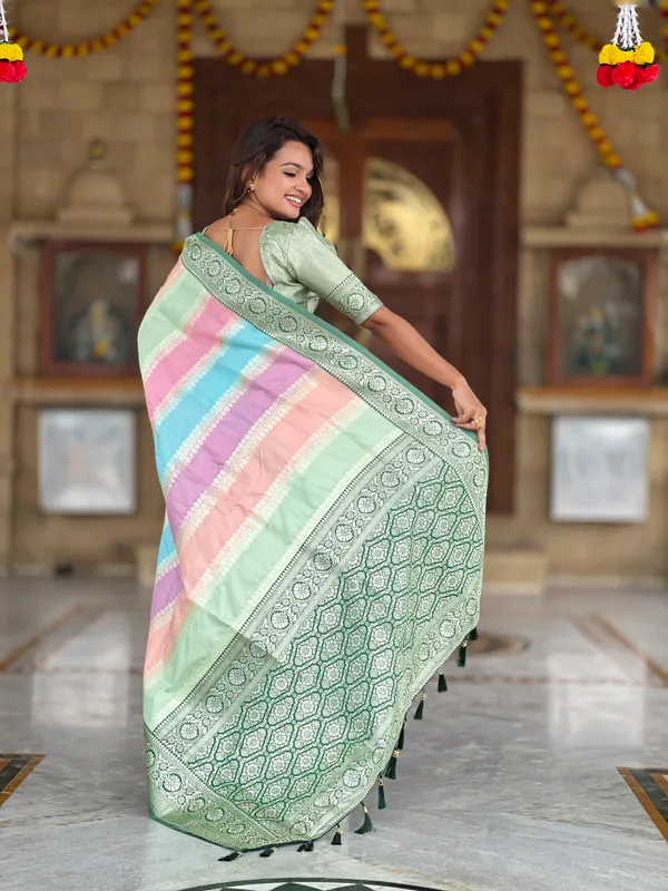 Green_Soft_Silk_Saree_With_Zari_Weaving_Meenakari_Design_All_Over_The_Saree_And_Zari_Weaving_Contrast_Rich_Pallu_With_Cotrast_Weaving_Border_And_Tassels_Attached_At_Pallu_End_Blouse_For_Women