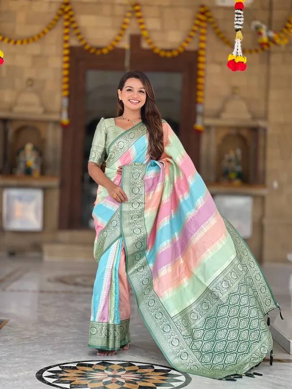 Green_Soft_Silk_Saree_With_Zari_Weaving_Meenakari_Design_All_Over_The_Saree_And_Zari_Weaving_Contrast_Rich_Pallu_With_Cotrast_Weaving_Border_And_Tassels_Attached_At_Pallu_End_Blouse_For_Women