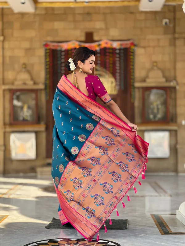 Morpis_Soft_Pethani_Silk_Saree_With_Zari_Weaving_Motifs_Design_And_Meenakari_Weaving_Rich_Pallu_With_Meenakari_Weaving_Border_And_Tassels_Attached_At_Pallu_End_Blouse_For_Women