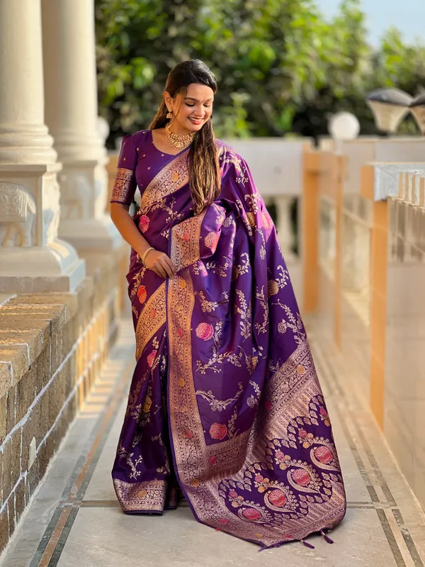 Wine_Soft_Banarasi_Silk_Saree_With_Zari_Weaving_Meenakari_Touchup_Design_All_Over_The_Saree_And_Meenakari_Weaving_Rich_Pallu_For_Women