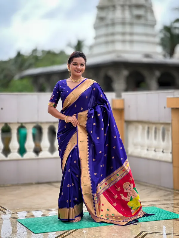 Violet_Soft_Pethani_Silk_Saree_With_Zari_Weaving_Motifs_Design_And_Meenakari_Weaving_Rich_Pallu_With_Meenakari_Weaving_Munia_Border_And_Tassels_Attached_At_Pallu_End_Blouse_For_Women