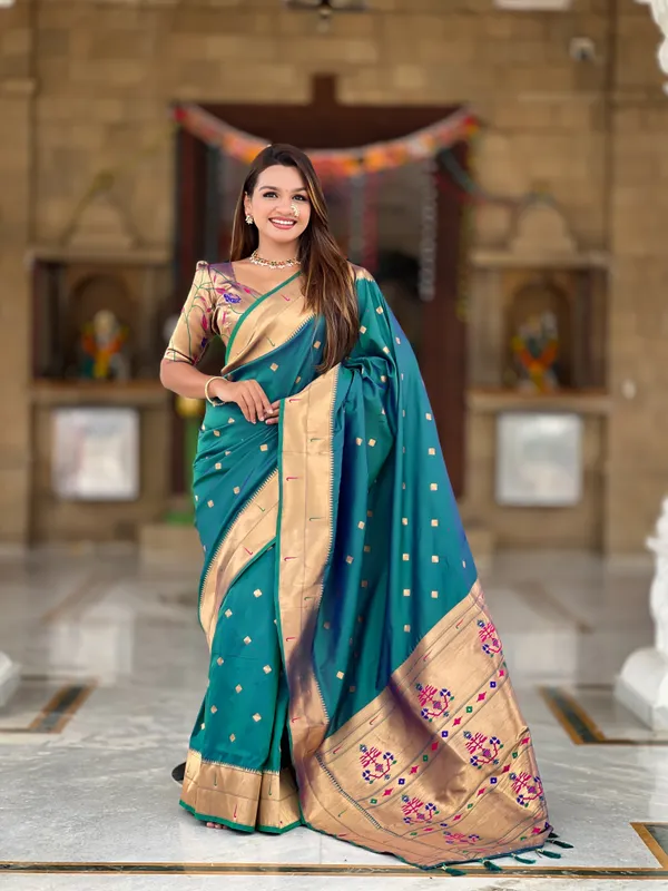 Rama_Soft_Pethani_Silk_Saree_With_Zari_Weaving_Motifs_Design_And_Meenakari_Weaving_Rich_Pallu_With_Meenakari_Weaving_Double_Munia_Border_And_Tassels_Attached_At_Pallu_End_Blouse_For_Women