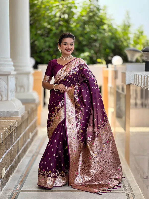 Wine_Soft_Banarasi_Silk_Saree_With_Zari_Weaving_Meenakari_Touchup_Design_All_Over_The_Saree_And_Meenakari_Weaving_Rich_Pallu_For_Women