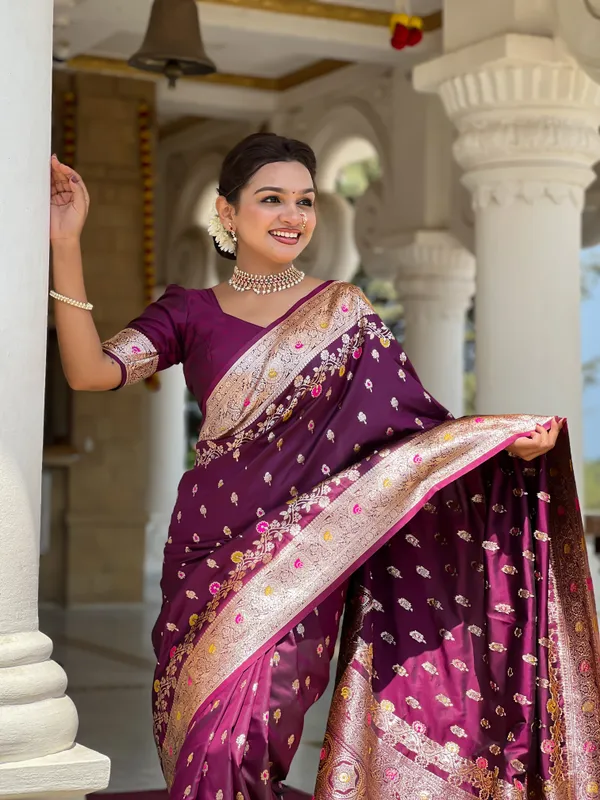 Wine_Soft_Banarasi_Silk_Saree_With_Zari_Weaving_Meenakari_Touchup_Design_All_Over_The_Saree_And_Meenakari_Weaving_Rich_Pallu_For_Women