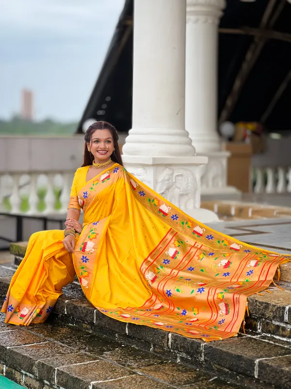 Yellow_Soft_Pethani_Silk_Saree_With_Zari_Weaving_Motifs_Design_And_Meenakari_Weaving_Rich_Pallu_With_Meenakari_Weaving_Border_And_Tassels_Attached_At_Pallu_End_Blouse_For_Women